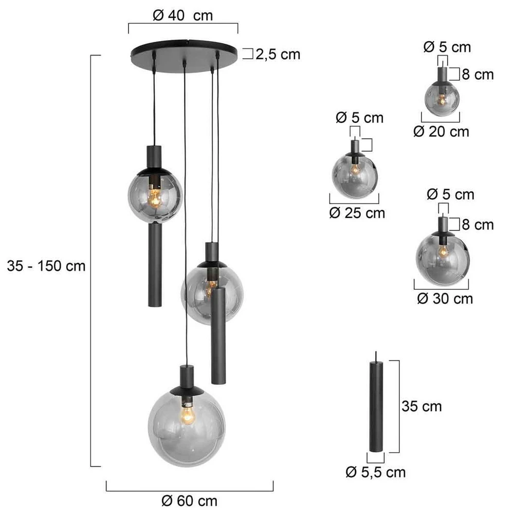 Plafonnier à lumière directionnelle Suspension Bollique, 5 lampes rondes, noir, GU10 + E27
