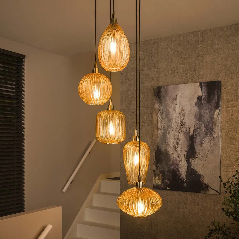 Plafonnier à lumière directionnelle Suspension V-Shape, ambre, Ø 40 cm, verre, à 5 lampes