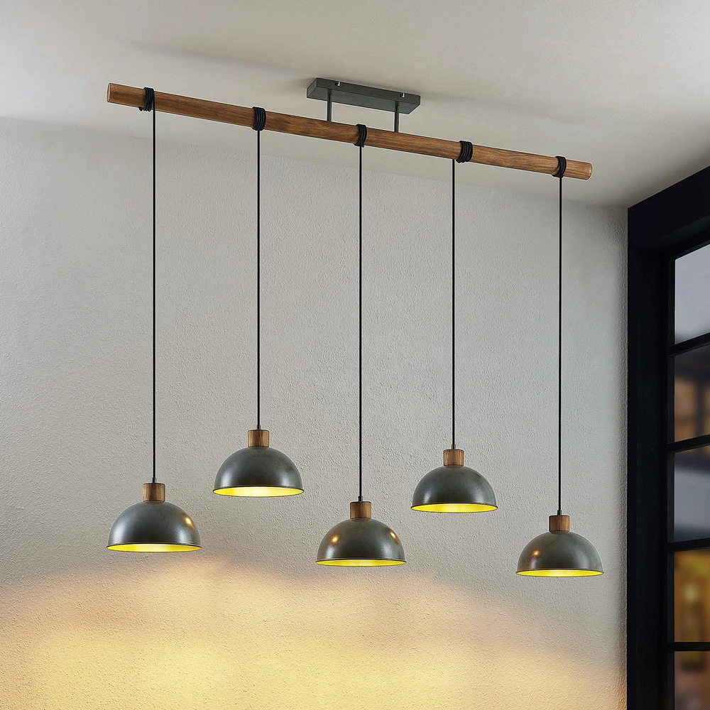Plafonnier à suspension réglable Lindby suspension Durbis, 149 cm, noir, à 5 lampes, bois