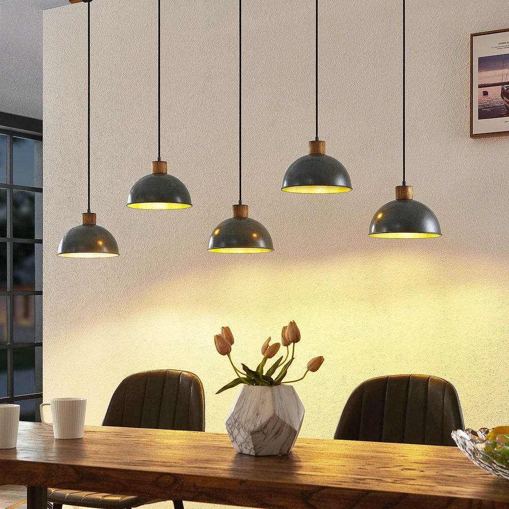 Plafonnier à suspension réglable Lindby suspension Durbis, 149 cm, noir, à 5 lampes, bois