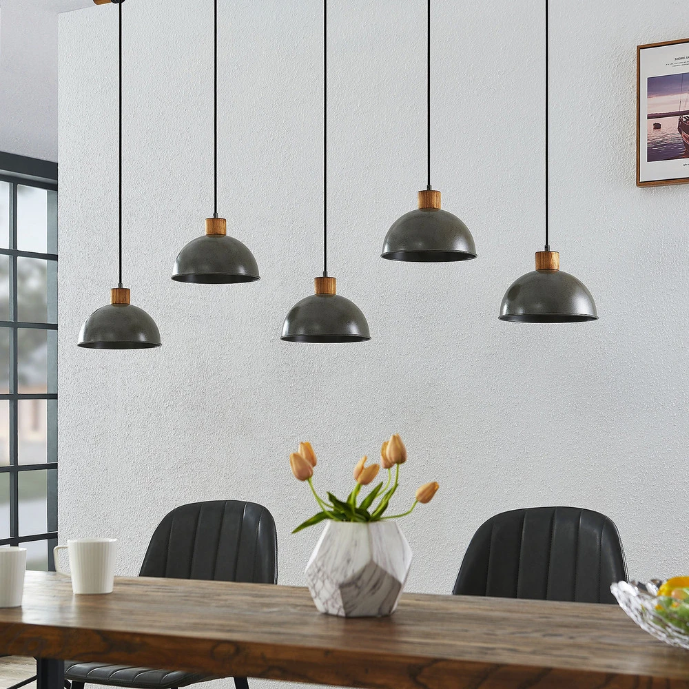 Plafonnier à suspension réglable Lindby suspension Durbis, 149 cm, noir, à 5 lampes, bois