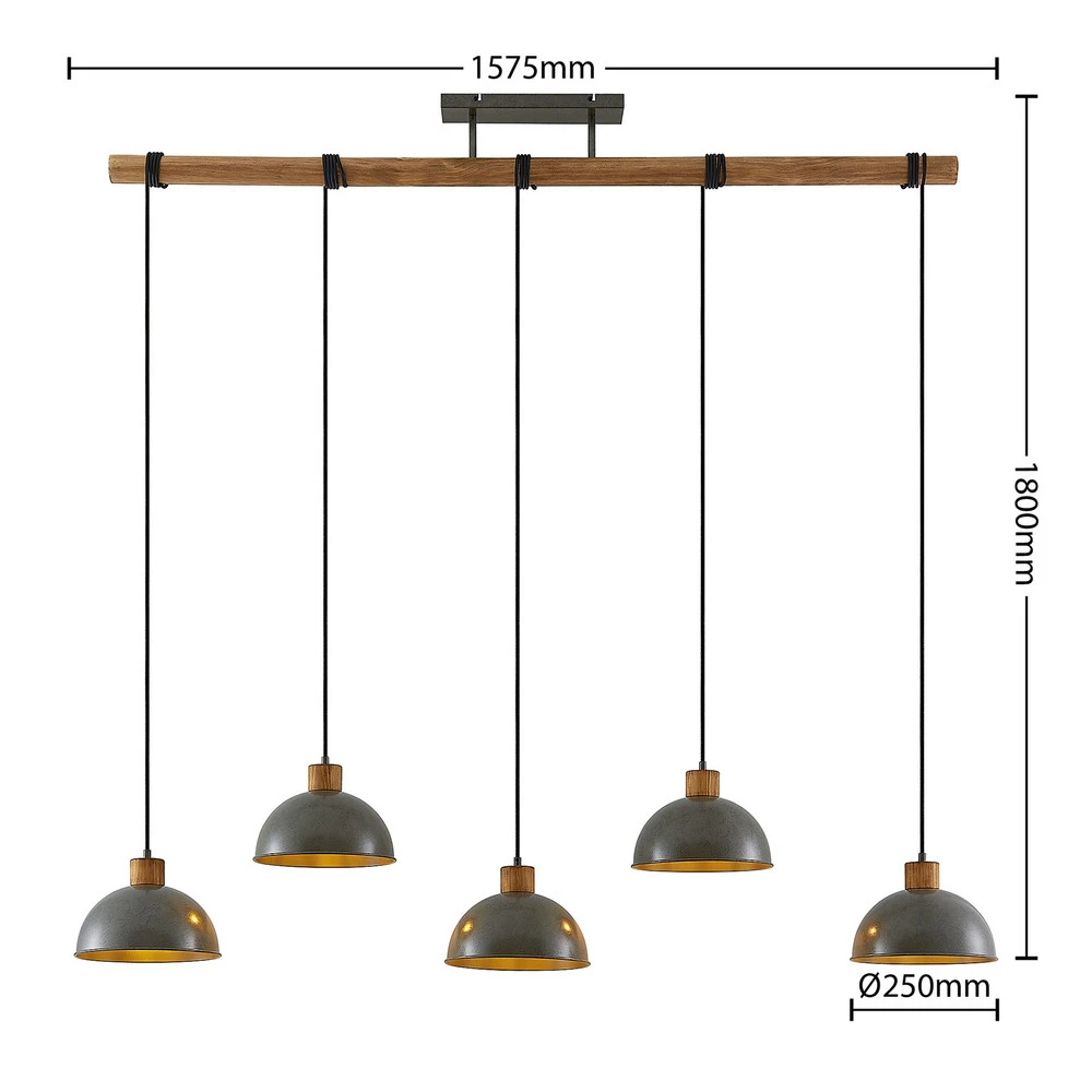 Plafonnier à suspension réglable Lindby suspension Durbis, 149 cm, noir, à 5 lampes, bois