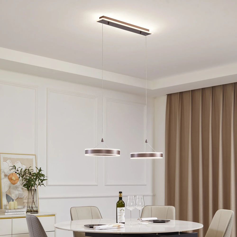 Plafonnier à suspension réglable Lucande Suspension LED Kolo, à 2 lampes, brun, fer, intensité variable
