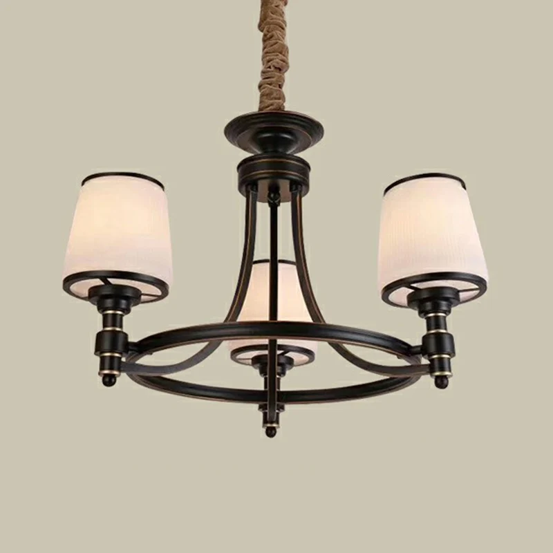 Plafonnier à suspension réglable Suspension à abat-jour conique noir, lustre rustique en verre nervuré pour salle à manger