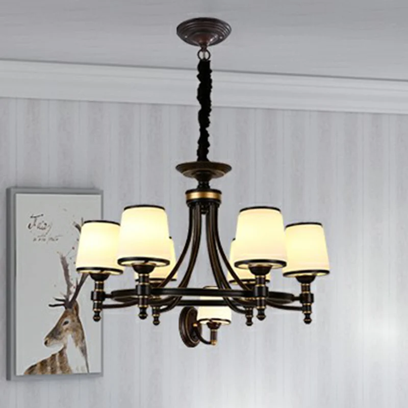 Plafonnier à suspension réglable Suspension à abat-jour conique noir, lustre rustique en verre nervuré pour salle à manger