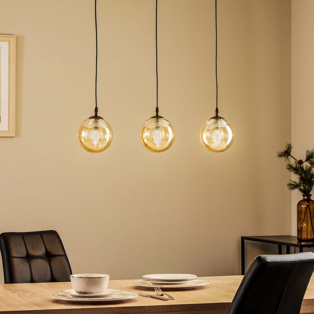Plafonnier à suspension réglable Suspension Glassy, 3 lampes, droite, noir, ambre, verre