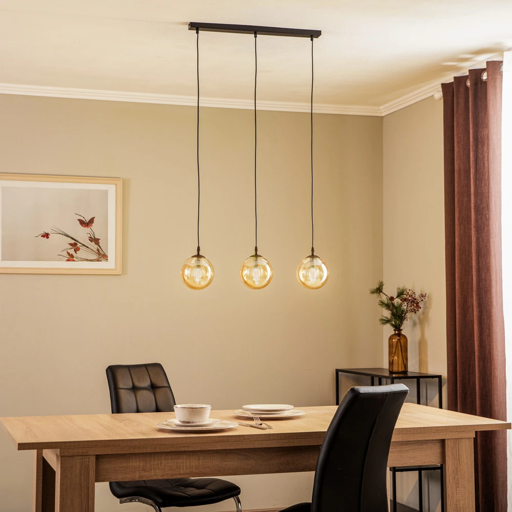 Plafonnier à suspension réglable Suspension Glassy, 3 lampes, droite, noir, ambre, verre