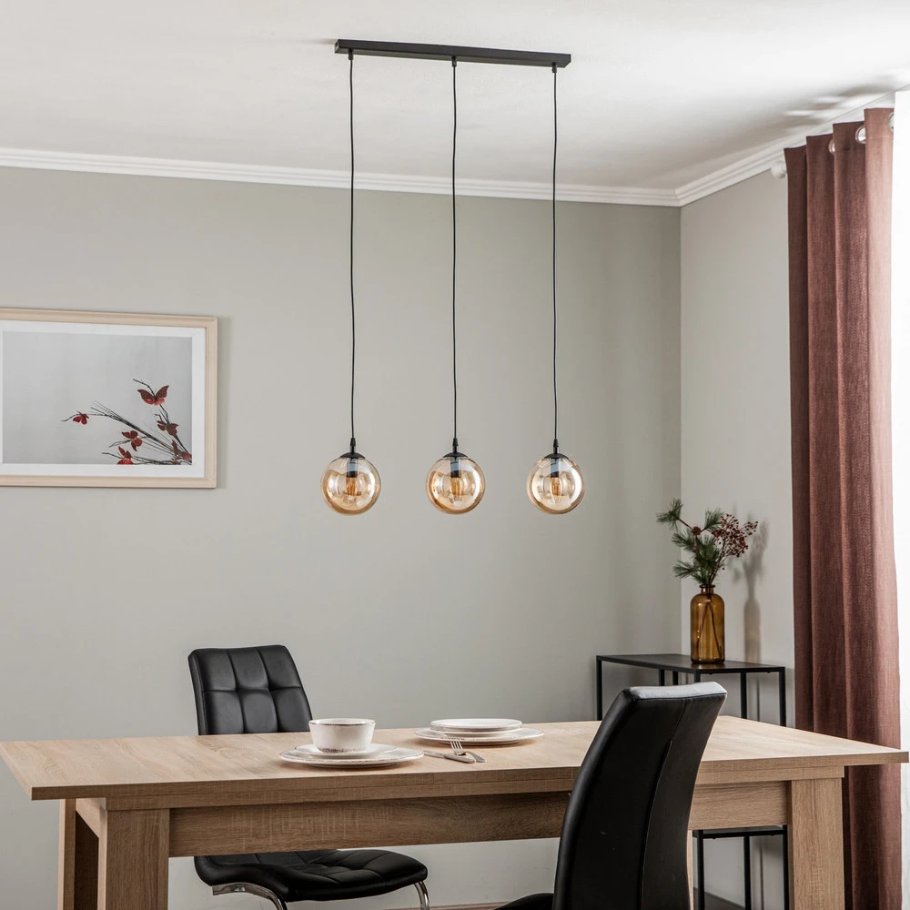 Plafonnier à suspension réglable Suspension Glassy, 3 lampes, droite, noir, ambre, verre