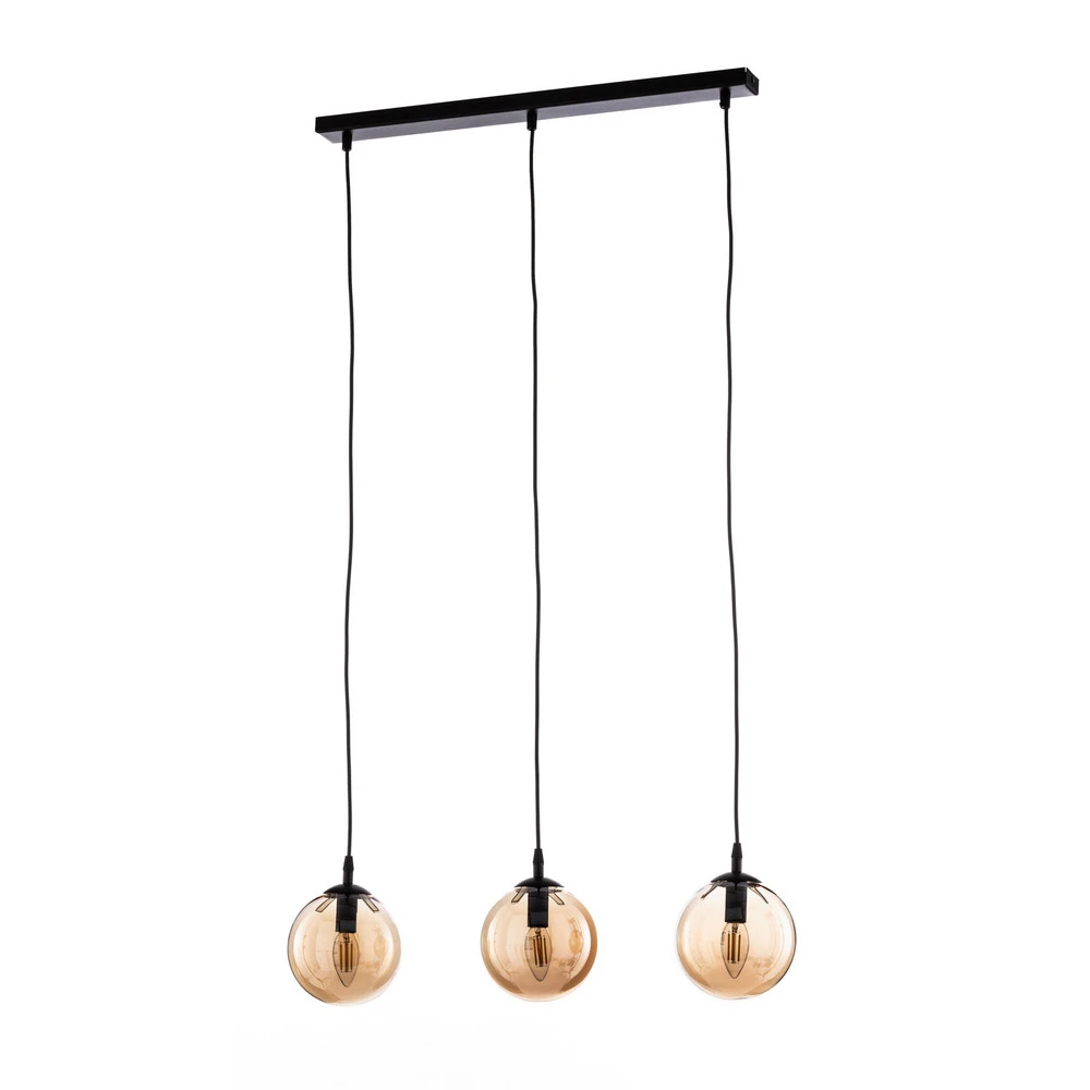 Plafonnier à suspension réglable Suspension Glassy, 3 lampes, droite, noir, ambre, verre