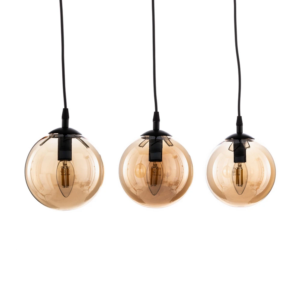 Plafonnier à suspension réglable Suspension Glassy, 3 lampes, droite, noir, ambre, verre