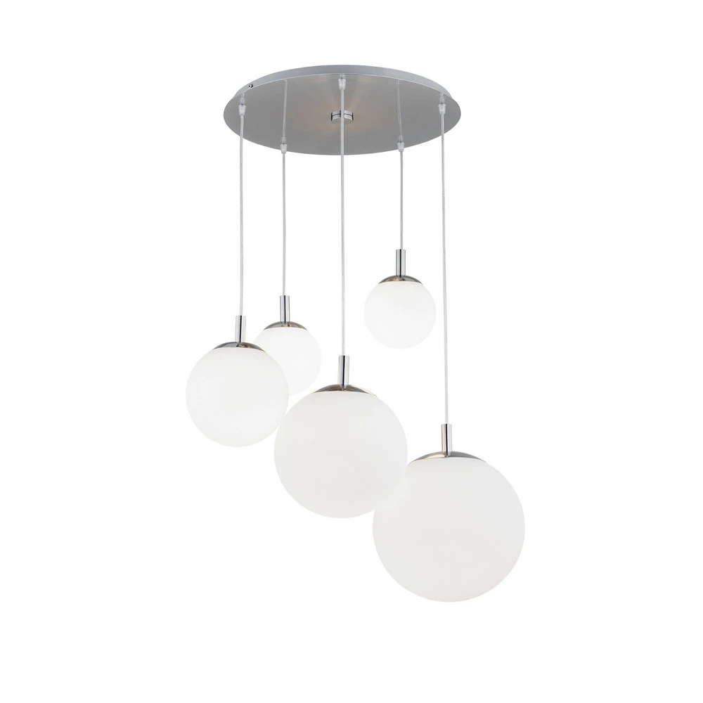 Plafonnier à suspension réglable Suspension Maroni, chrome/blanc, verre, à 5 lampes