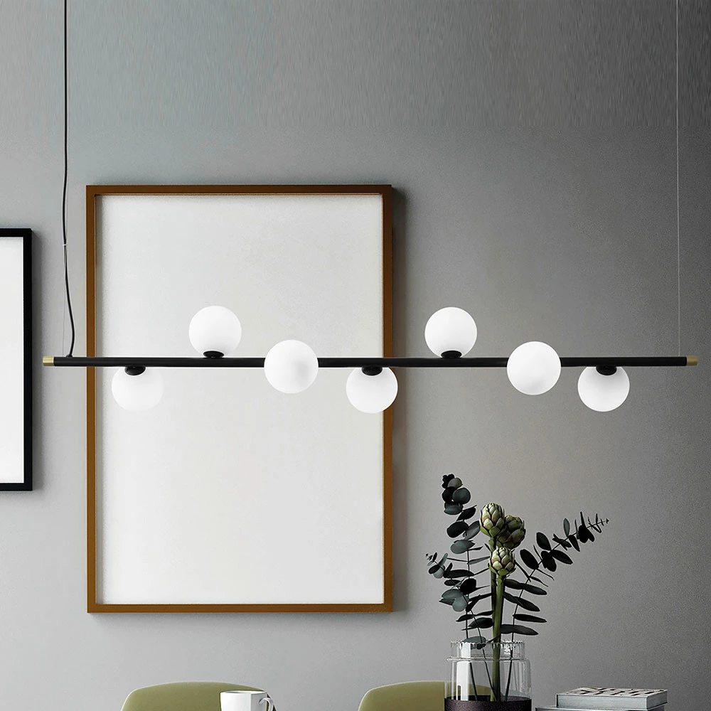 Plafonnier à suspension réglable Suspension Pomì, horizontale, à sept lampes