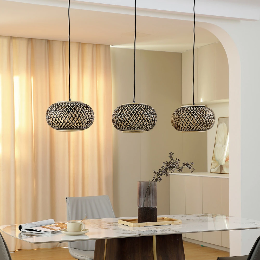 Plaque de plafond LED Lindby suspension Nerys, 3 lampes, noir, bambou, 1.120 cm
