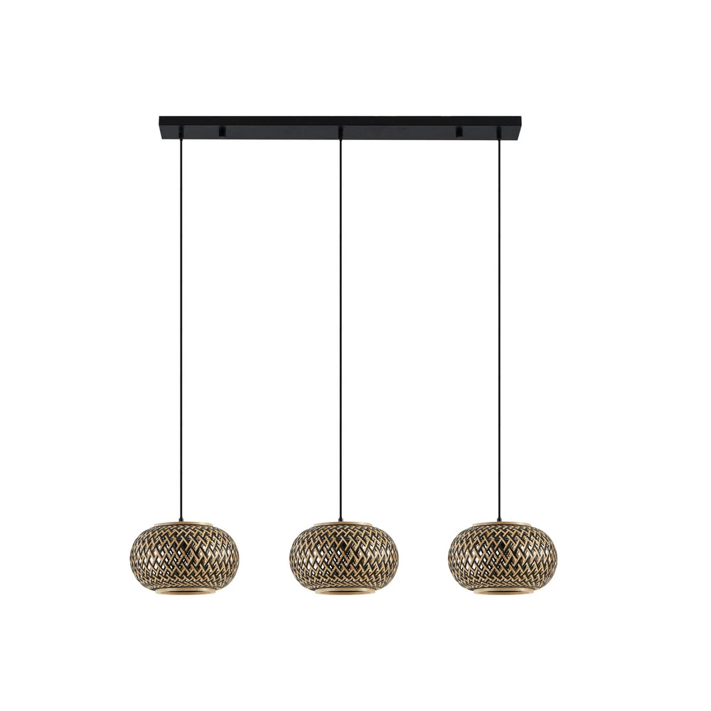 Plaque de plafond LED Lindby suspension Nerys, 3 lampes, noir, bambou, 1.120 cm