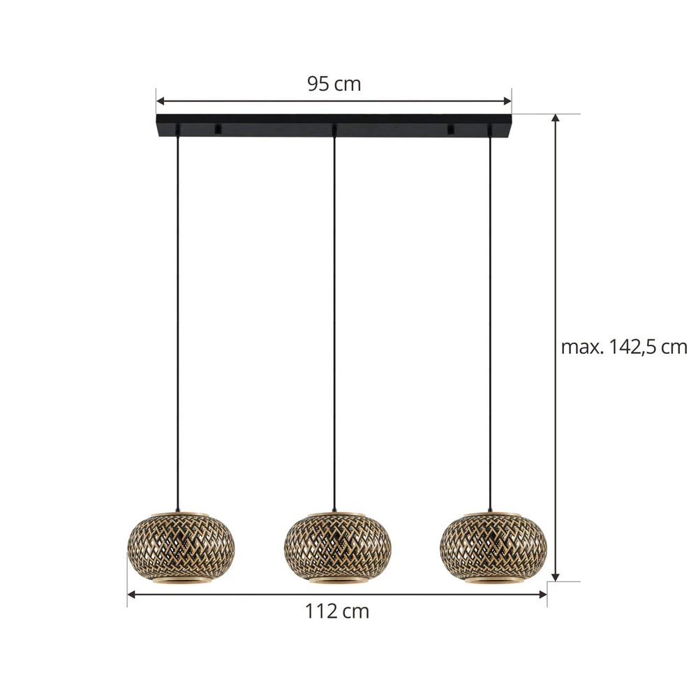 Plaque de plafond LED Lindby suspension Nerys, 3 lampes, noir, bambou, 1.120 cm