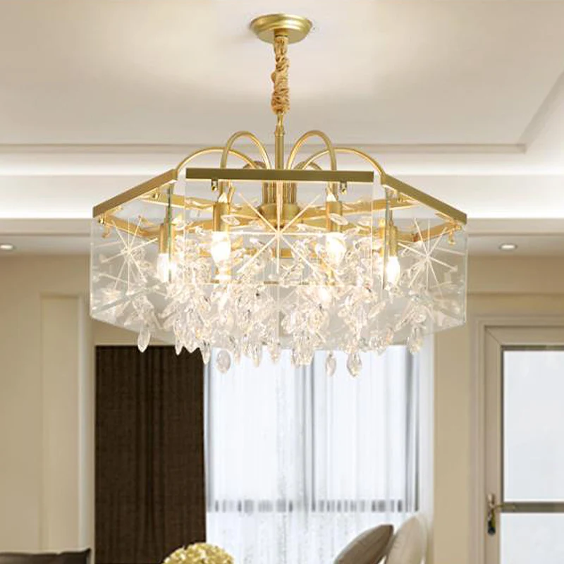 Plaque de plafond LED Lustre suspendu carré doré en cristal Lodge, 4/6/8 lumières, Suspension de salon