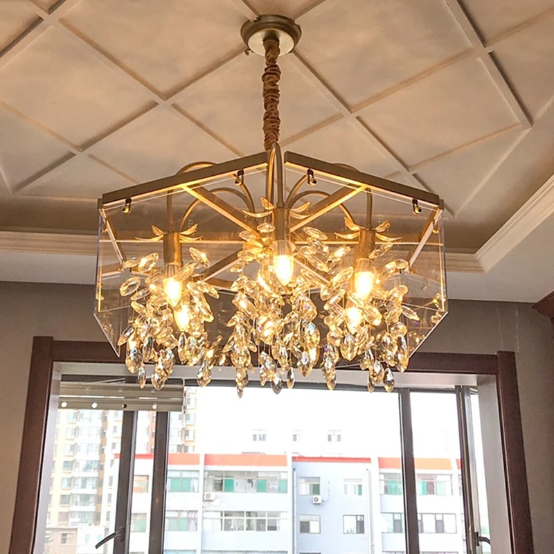 Plaque de plafond LED Lustre suspendu carré doré en cristal Lodge, 4/6/8 lumières, Suspension de salon