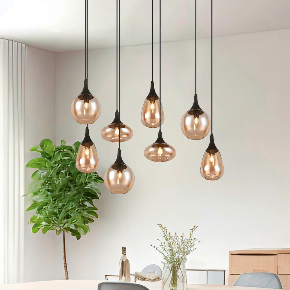 Plaque de plafond LED Suspension Lumina, à 8 lampes, noir/ambre, verre
