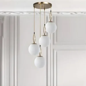 Plaque de plafond LED Suspension en métal 4 globes - Luminaire D. 30 x H. 70 cm - Blanc et cuivre - ASROUN