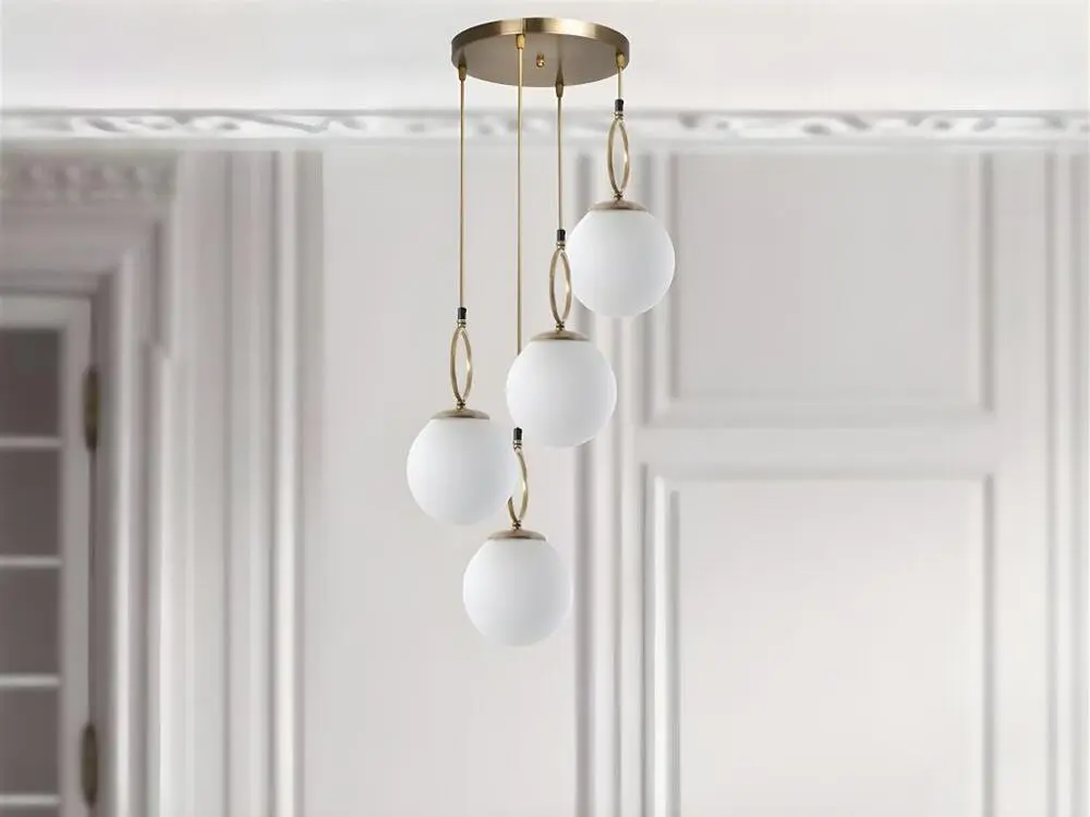 Plaque de plafond LED Suspension en métal 4 globes - Luminaire D. 30 x H. 70 cm - Blanc et cuivre - ASROUN