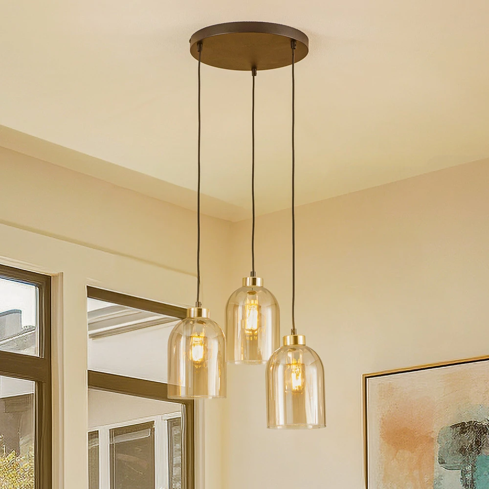 Plaque de plafond LED Suspension en verre Sapito, à 3 lampes, ambrée