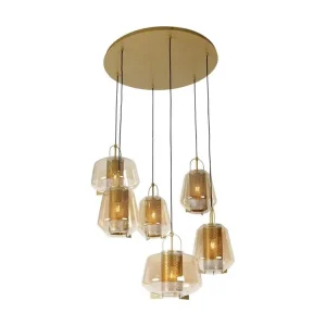 Suspension art déco or avec verre ambré 6 lumières - Kevin avec fixation réglable