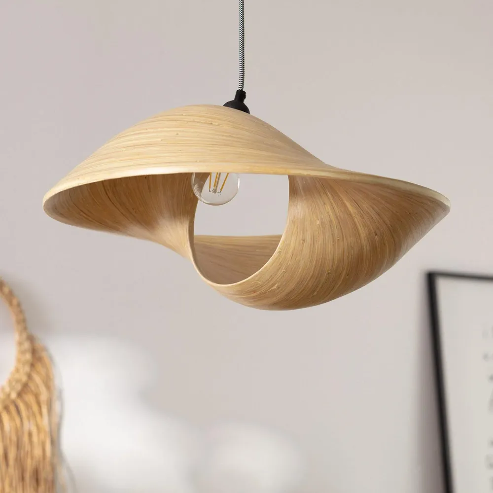 Suspension en bambou Shuka Acacia grande avec éclairage LED ILUZZIA Sans outil d'installation