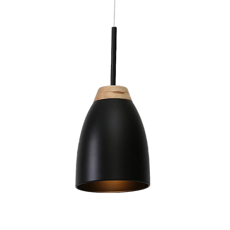 Suspension Bell Drop en métal minimal, 1 ampoule, blanc/noir et bois, plafonnier suspendu au-dessus de la table à fixation...