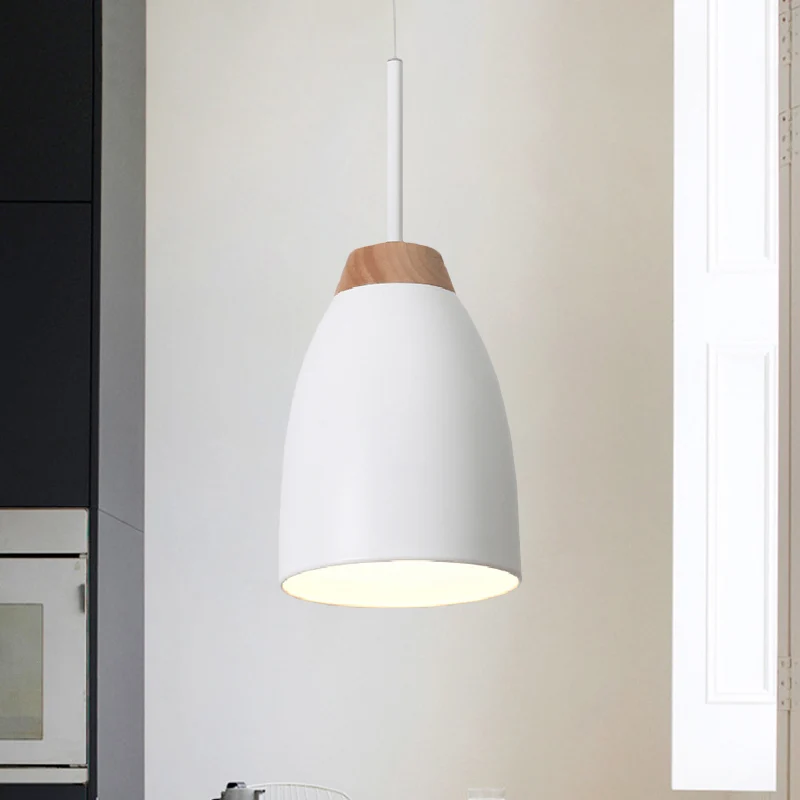 Suspension Bell Drop en métal minimal, 1 ampoule, blanc/noir et bois, plafonnier suspendu au-dessus de la table à fixation...