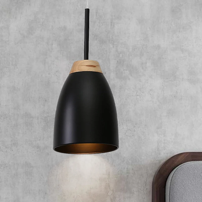 Suspension Bell Drop en métal minimal, 1 ampoule, blanc/noir et bois, plafonnier suspendu au-dessus de la table à fixation...