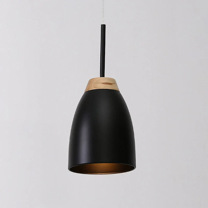 Suspension Bell Drop en métal minimal, 1 ampoule, blanc/noir et bois, plafonnier suspendu au-dessus de la table à fixation...