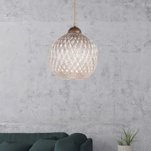 Suspension Berleda D22cm Métal Or et Coton Blanc et Chamois