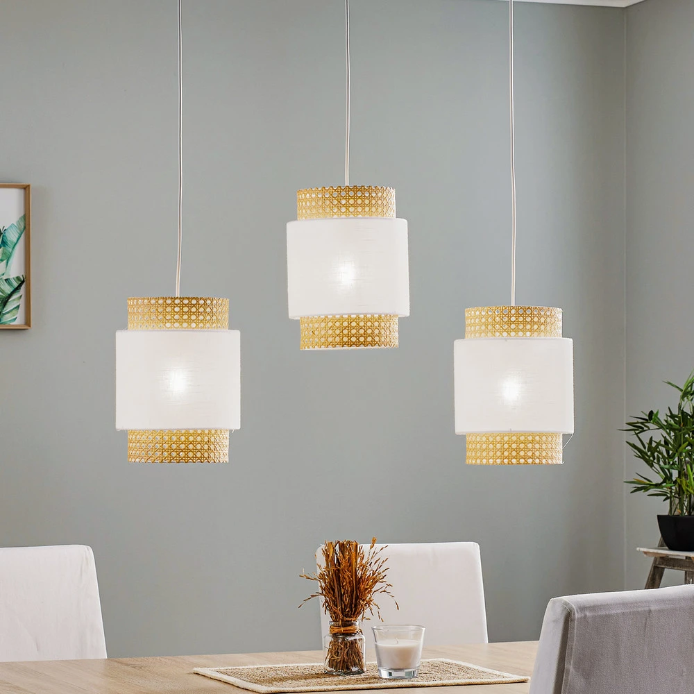 Suspension Boho linéaire à 3 lampes blanche/rotin Sans outil d'installation