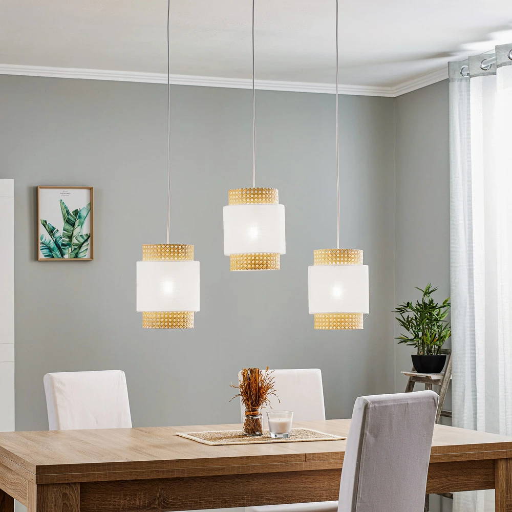 Suspension Boho linéaire à 3 lampes blanche/rotin Sans outil d'installation