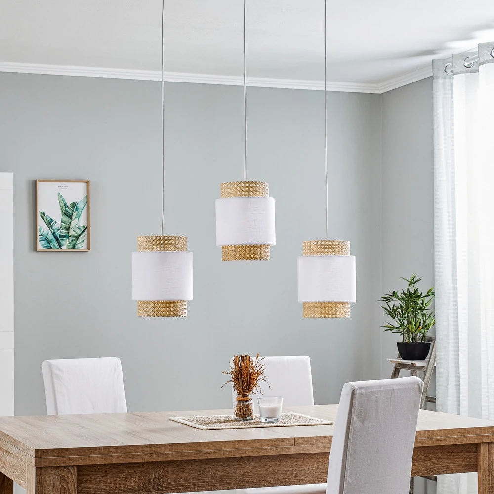 Suspension Boho linéaire à 3 lampes blanche/rotin Sans outil d'installation