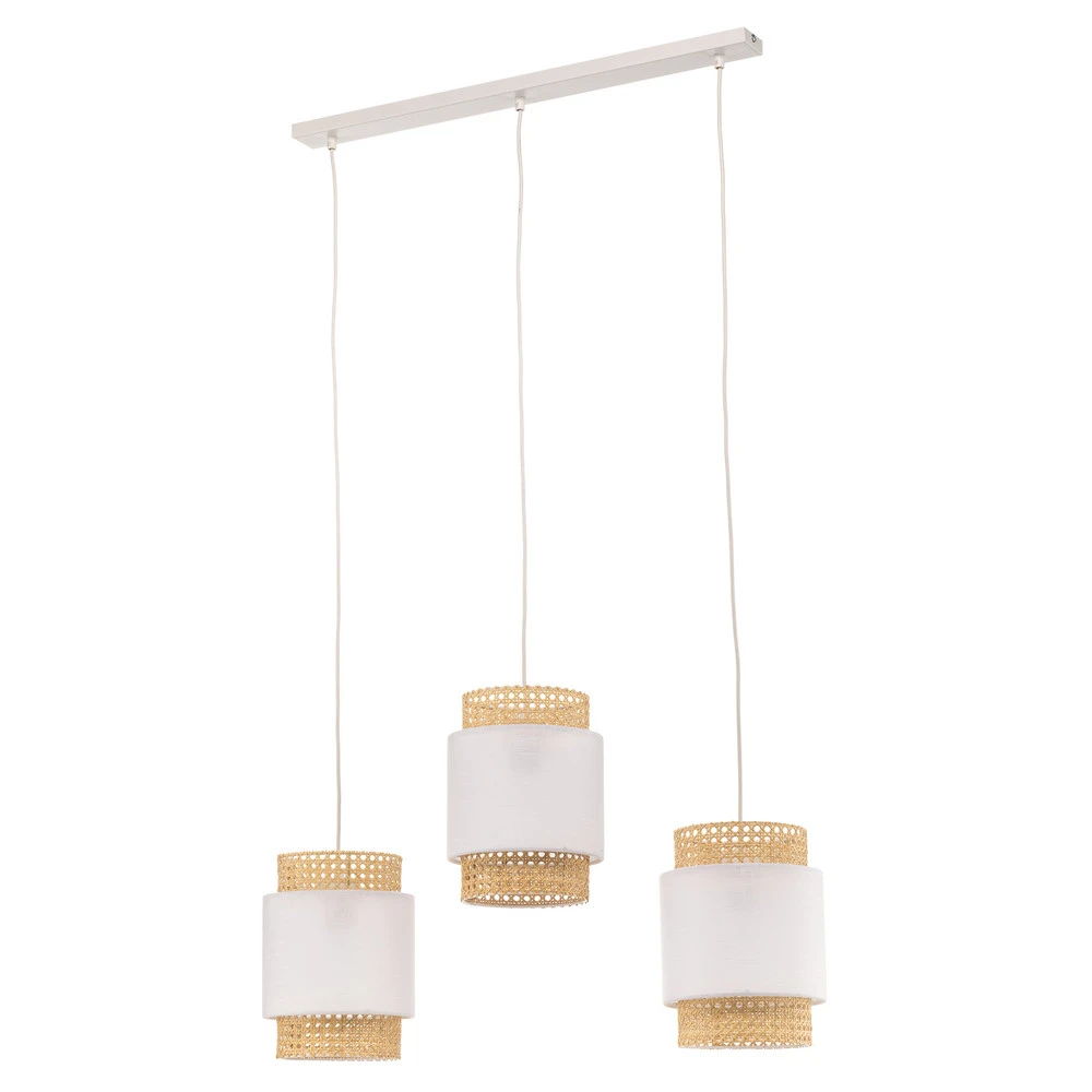 Suspension Boho linéaire à 3 lampes blanche/rotin Sans outil d'installation