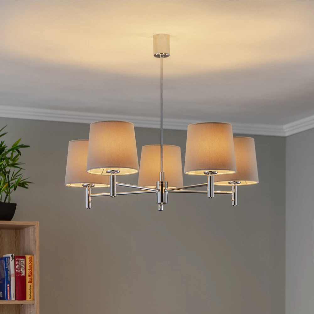 Suspension Bono, à cinq lampes, chromée/grise IP44 pour salle de bain