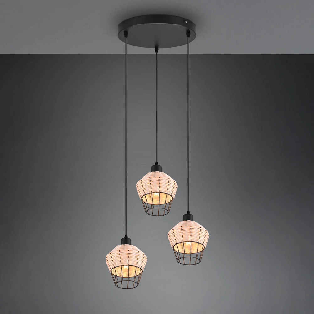 Suspension Borka, à trois lampes, ronde, naturelle (Carré 30x30cm)