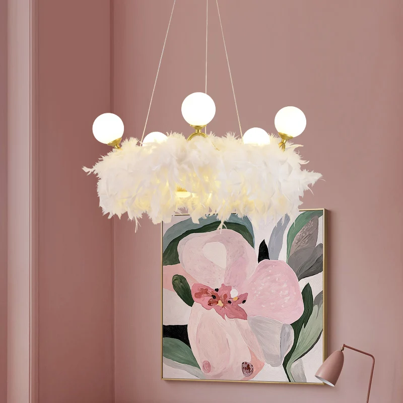 Suspension couronne de plumes, lustre nordique doré et blanc pour chambre de filles IP44 pour salle de bain