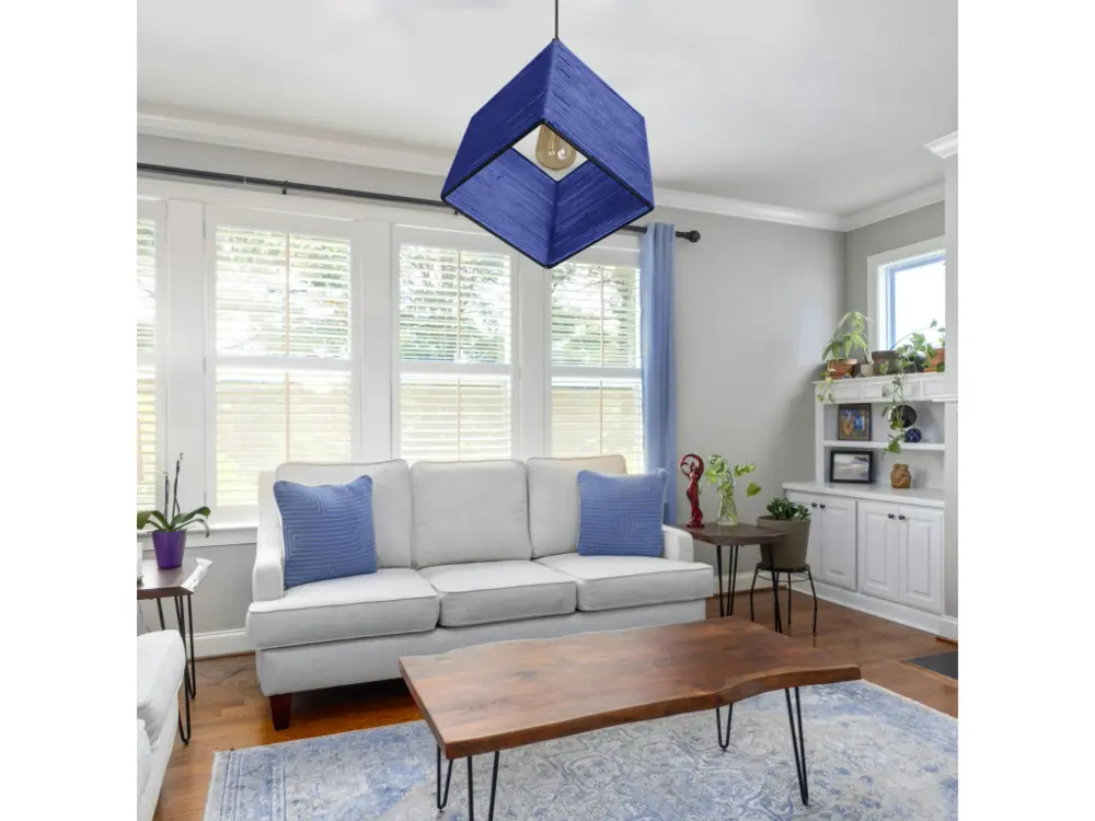 Suspension cube,diagonal filaire noir,coton bleu 100 cm. avec fixation réglable