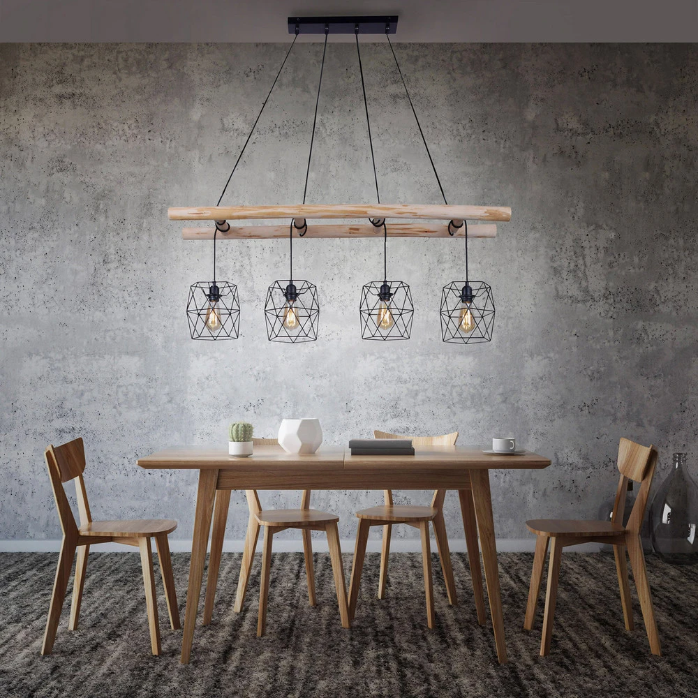 Suspension Edgar en bois, 4 lampes abat-jour cage - Installation Facile