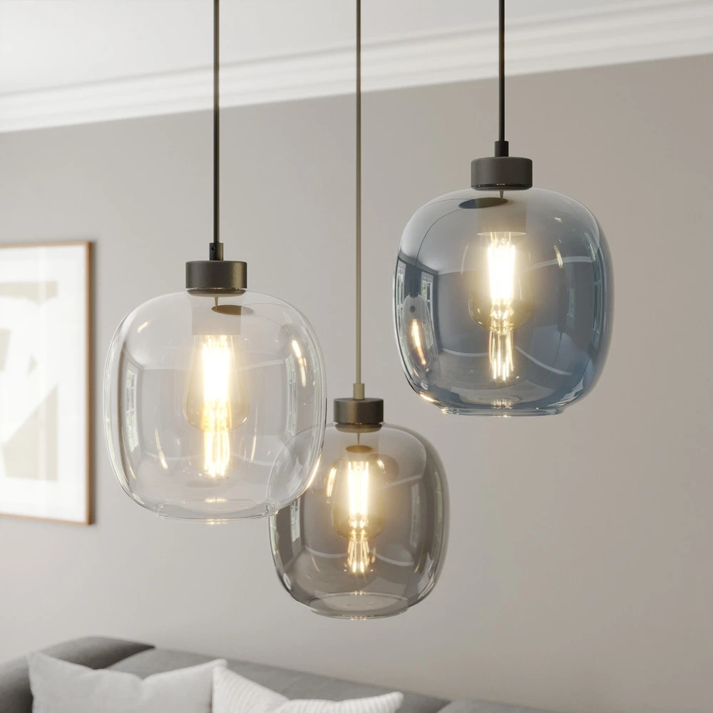 Suspension Elio, verre, bleu/évident/gris, Ø 52 cm, à 3 lampes avec diffuseur opale
