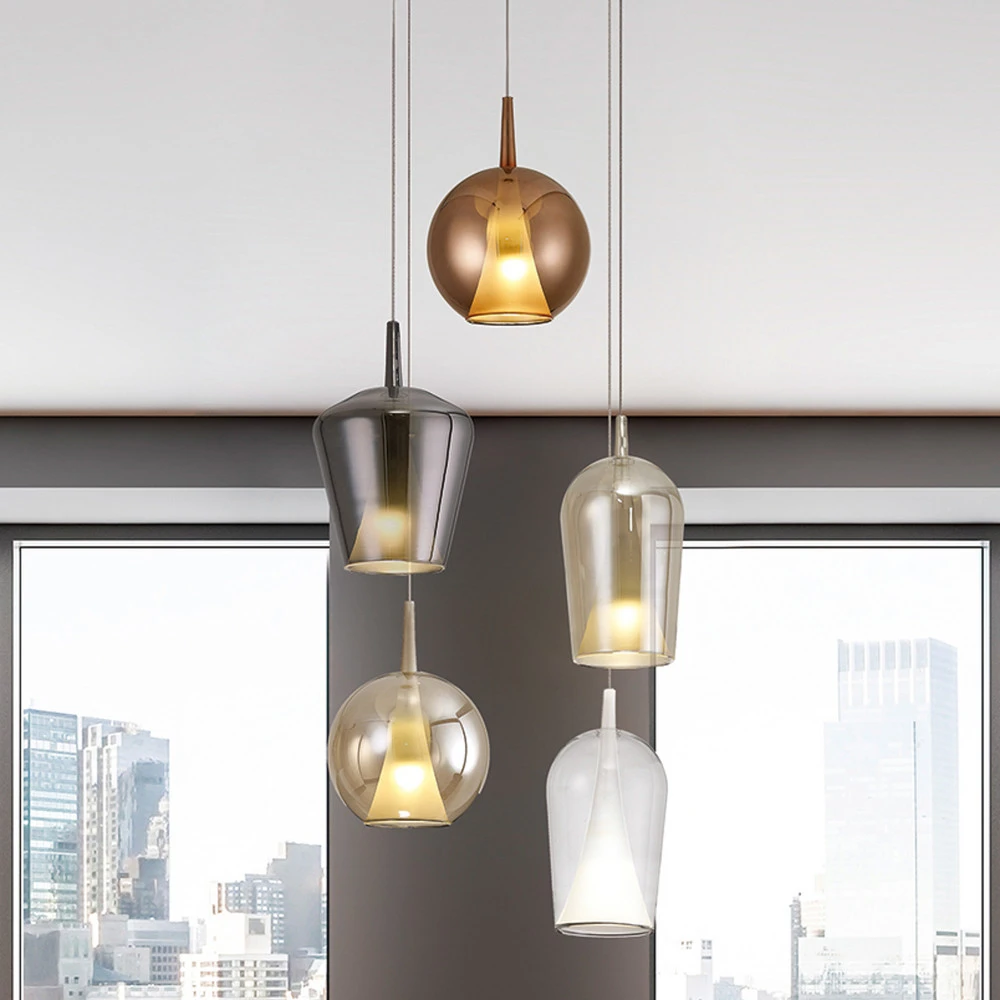 Suspension Elsa, verre, 5 lampes, bronze, cristallin, chrome, cuivre
