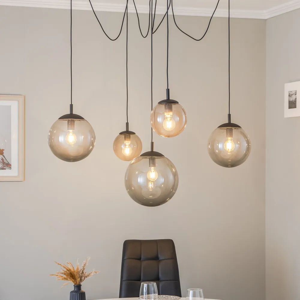 Suspension Esme, verre, graphite-transparent, 5 lampes, décentralisée (Carré 30x30cm)