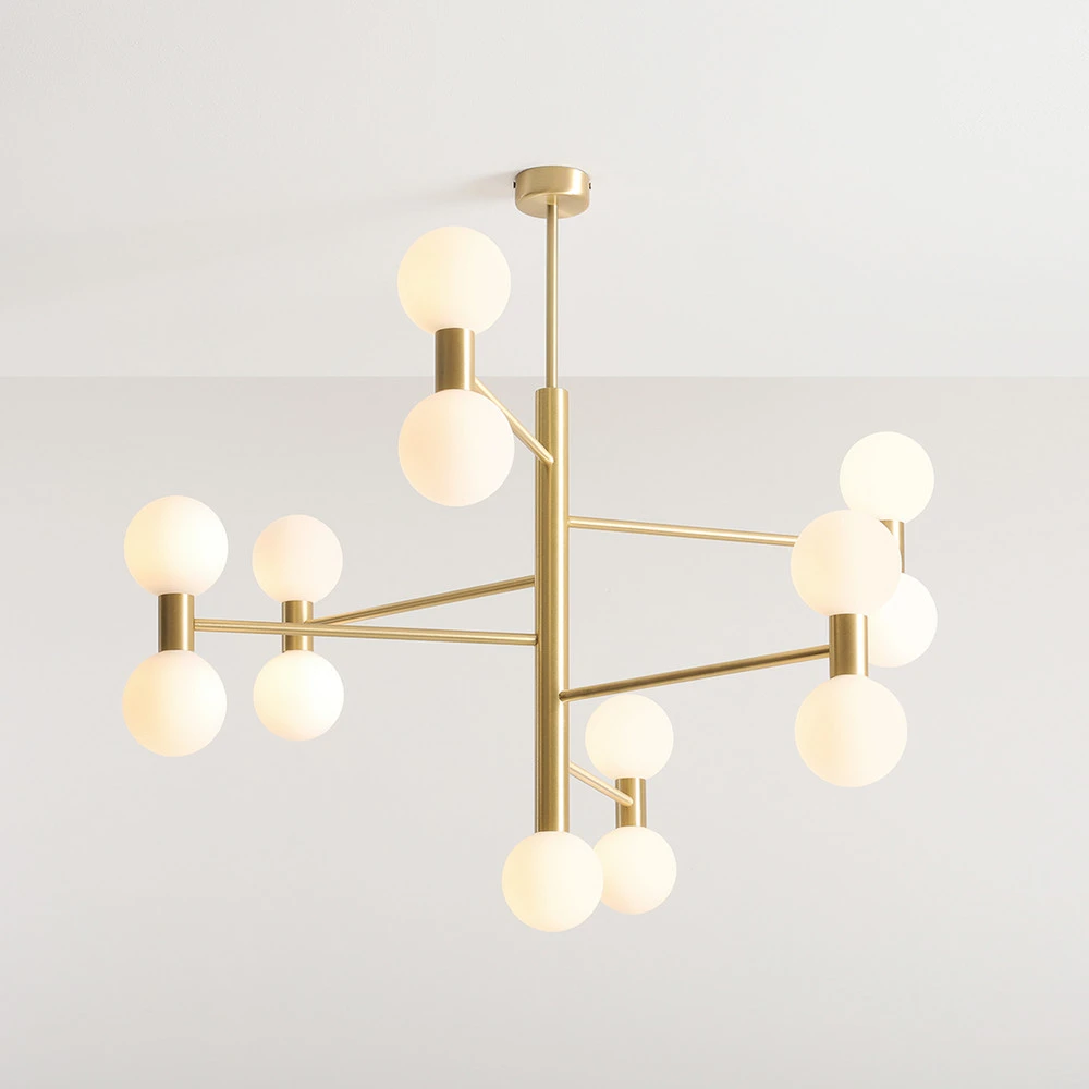 Suspension Flare, 13 flammes, laiton/blanc opale, verre Design minimaliste