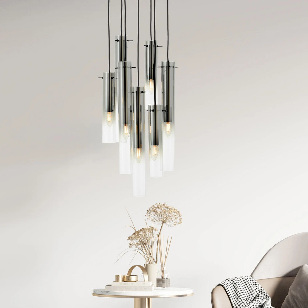 Suspension Glasini, Ø 32 cm, gris fumé, 7 lampes, verre à fixation clip