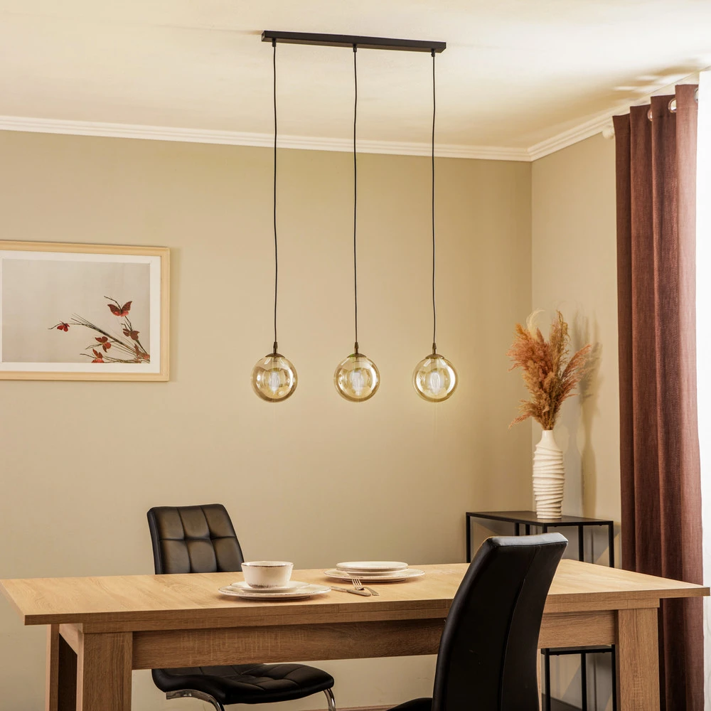 Suspension Glassy, 3 lampes, droite, noir, graphite, verre à fixation clip