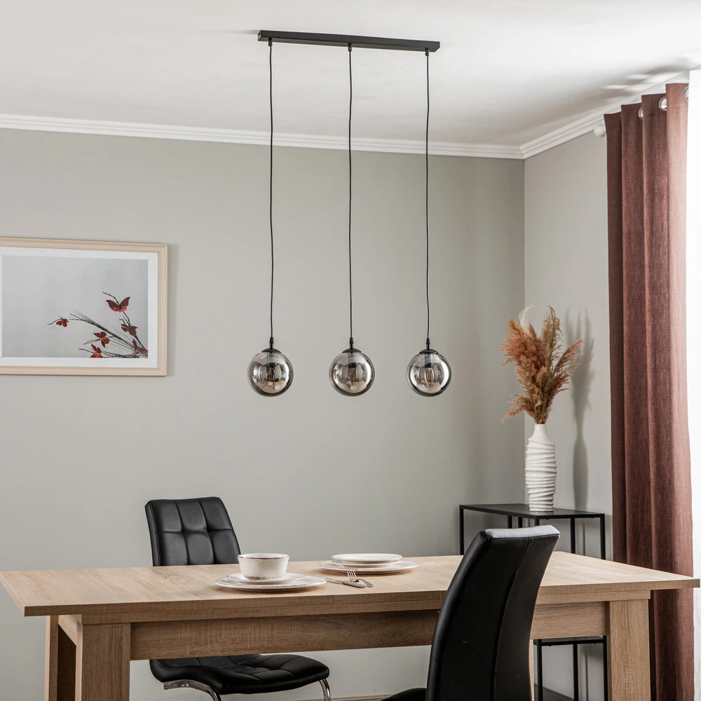 Suspension Glassy, 3 lampes, droite, noir, graphite, verre à fixation clip