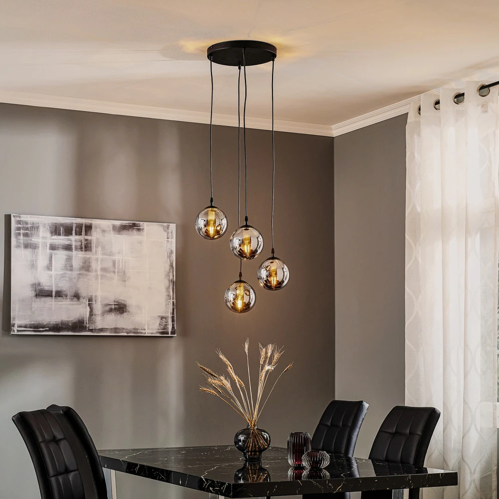 Suspension Glassy, 4 lampes, noir, graphite, verre, E14 | Garantie 2 Ans