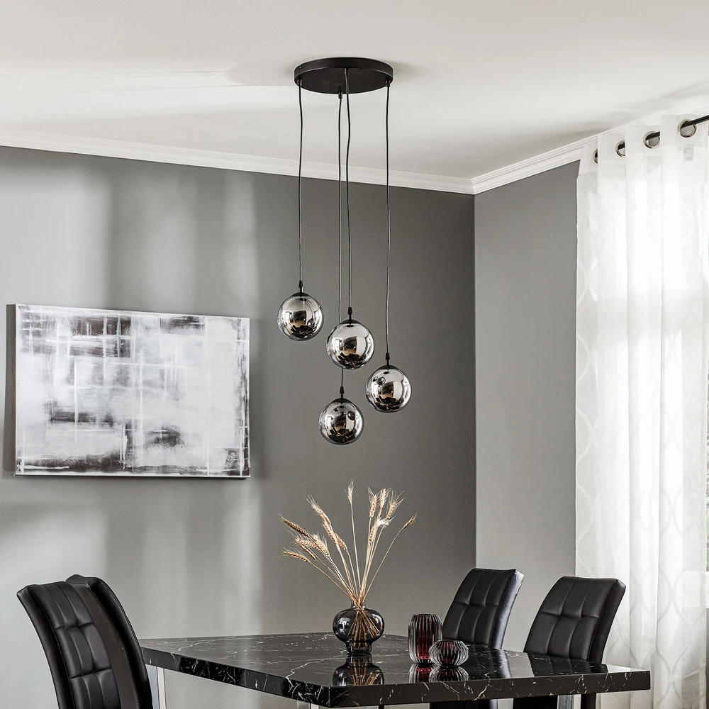 Suspension Glassy, 4 lampes, noir, graphite, verre, E14 | Garantie 2 Ans